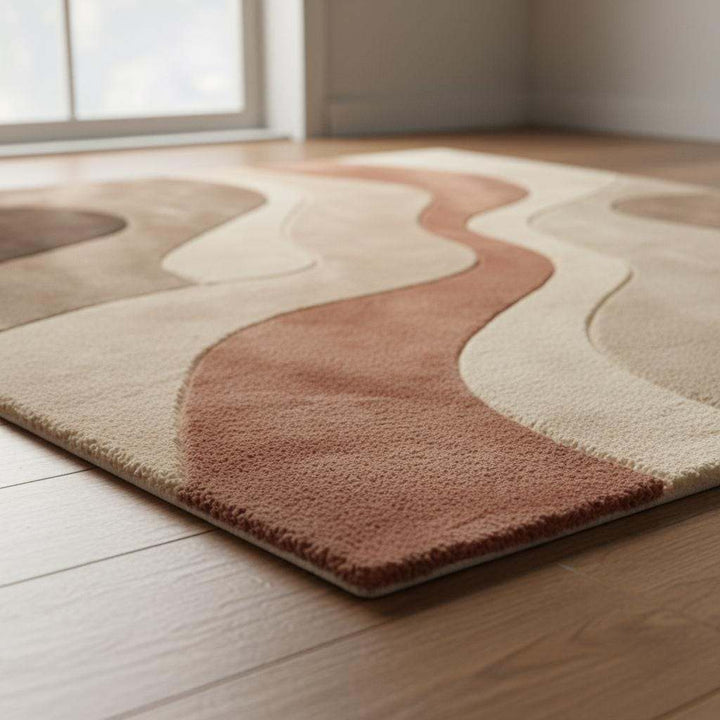 Translation missing: en.Abstract neutral area rug with earth tones and plush cozy texture, featuring a minimalist wave pattern for modern living spaces