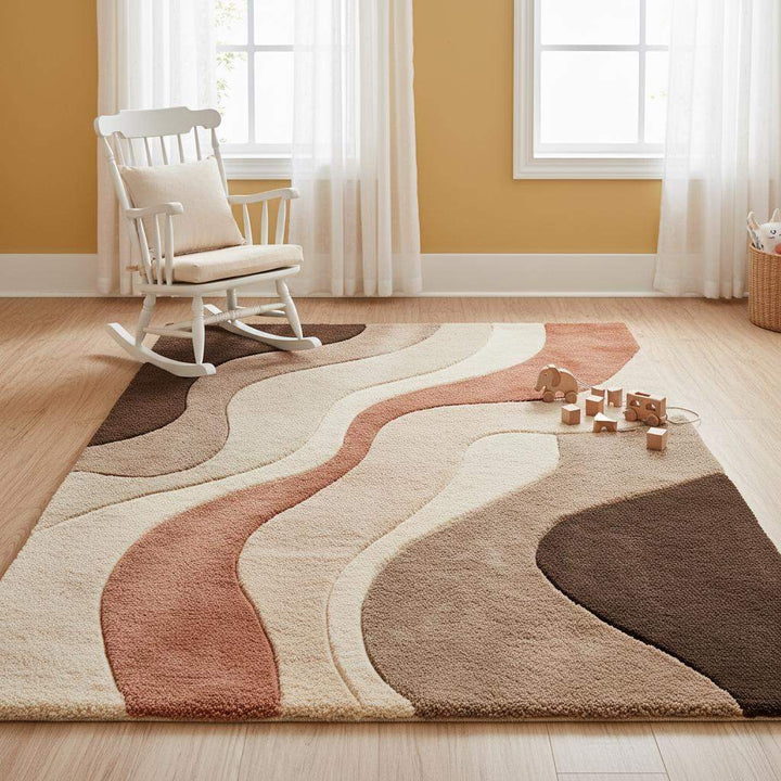 Translation missing: es.Soft neutral abstract rug styled in a nursery, highlighting plush comfort, calming earth tones, and family-friendly warmth perfect for kids’ or baby rooms