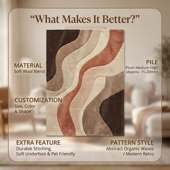Translation missing: es.Abstract neutral rug with soft wave pattern in beige, modern hand-tufted plush carpet for living room and Scandinavian decor