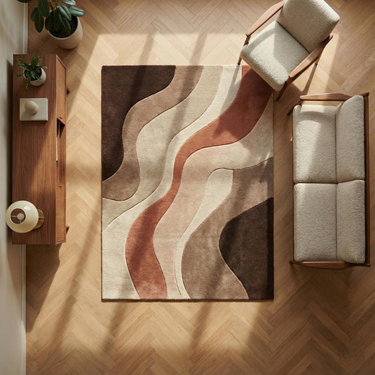 Translation missing: es.Abstract neutral rug with soft wave pattern in beige, hand tufted plush carpet for modern Scandinavian living rooms