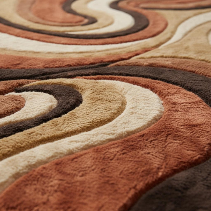 Translation missing: en.Mid century shag rug with abstract swirl pattern in earth tones and plush high-pile texture
