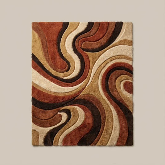 Translation missing: en.Top-down view of abstract mid century area rug displaying full wavy swirl design, balanced color flow, and retro inspired pattern across the entire rectangular rug surface