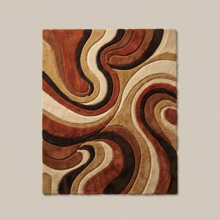 Translation missing: en.Top-down view of abstract mid century area rug displaying full wavy swirl design, balanced color flow, and retro inspired pattern across the entire rectangular rug surface