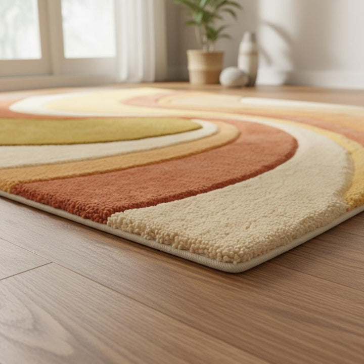 Translation missing: en.Boho area rug with mid century earth tone wave pattern and plush tufted texture