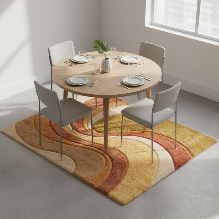 Translation missing: en.Boho area rug with mid century earth tone wave pattern and plush tufted texture