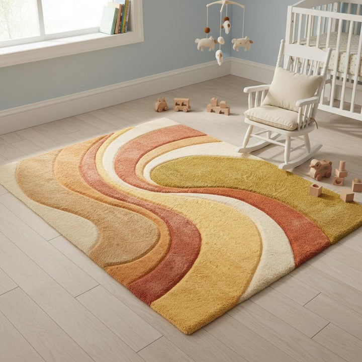 Translation missing: en.Soft abstract area rug styled in a nursery, showcasing warm earth tones, plush texture, and family-friendly comfort ideal for kids’ rooms and play spaces