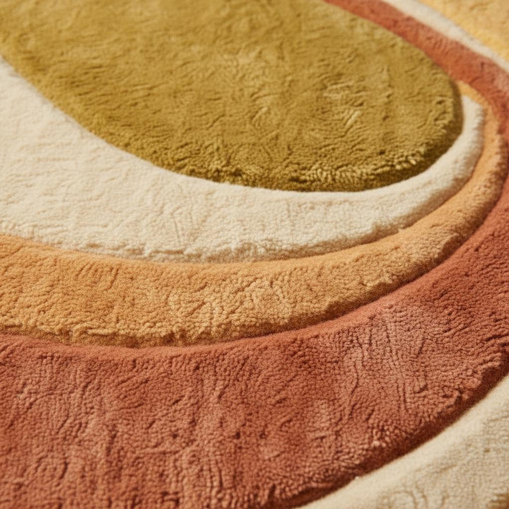 Translation missing: en.Close-up of tufted abstract rug showing dense pile texture, soft fibers, smooth color transitions, and high-quality craftsmanship in earthy mustard and terracotta tones