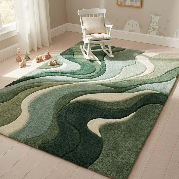 Translation missing: en.Soft green abstract rug styled in a nursery, creating a calm, cozy environment with plush texture ideal for family-friendly spaces