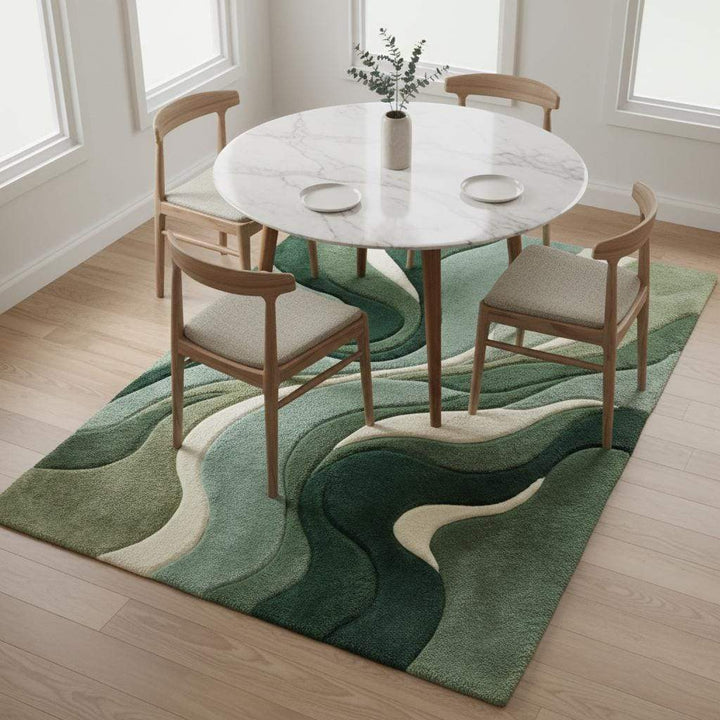 Translation missing: en.Detailed view of rug edge and curved pattern highlighting clean finish, dense pile, and organic modern design proportions