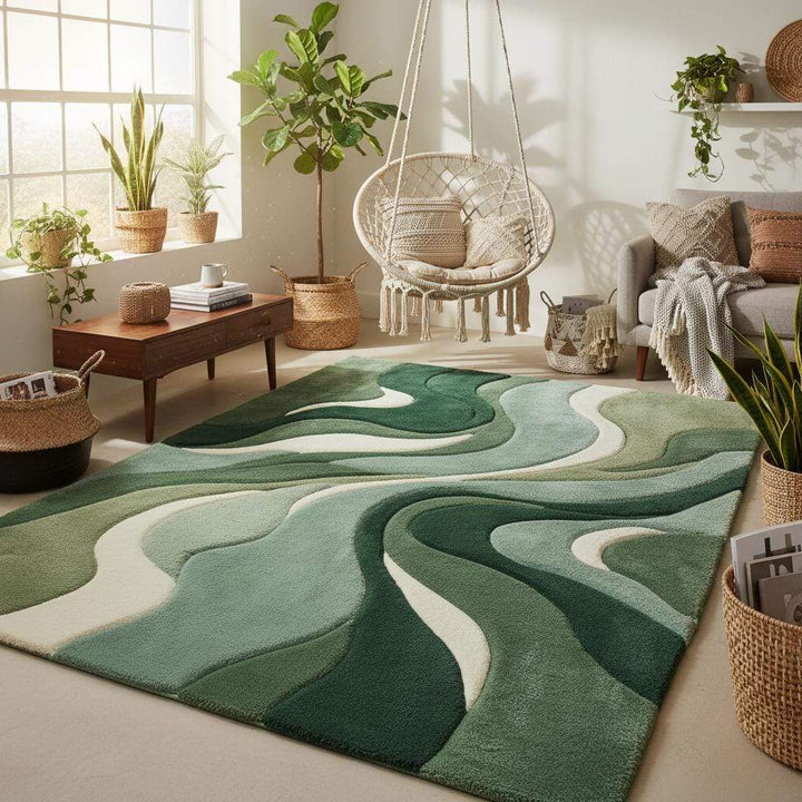 Translation missing: es.Abstract green area rug styled in a modern living room, complementing wood furniture, indoor plants, and minimalist décor