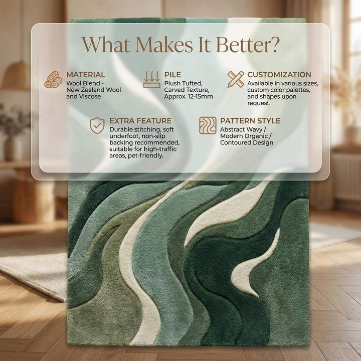 Translation missing: es.Abstract green area rug with sculpted organic wave pattern and plush textured pile for modern minimalist décor