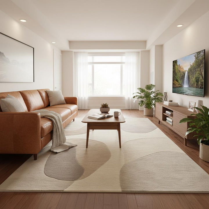 Translation missing: es.Detail view of rug corner and edge showing clean finishing, subtle borders, and organic abstract pattern, helping visualize rug proportions and refined modern design