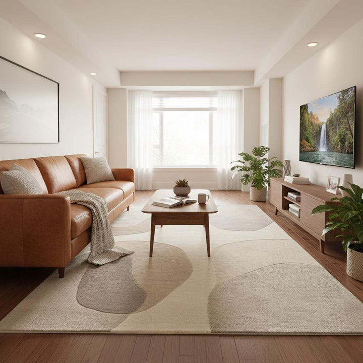 Translation missing: es.Detail view of rug corner and edge showing clean finishing, subtle borders, and organic abstract pattern, helping visualize rug proportions and refined modern design