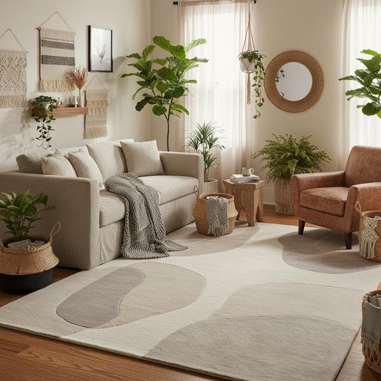 Translation missing: es.Modern abstract rug placed in a bright living room, styled with neutral furniture to show how the beige and cream area rug complements minimalist and Scandinavian home décor