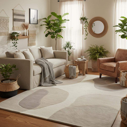 Translation missing: es.Modern abstract rug placed in a bright living room, styled with neutral furniture to show how the beige and cream area rug complements minimalist and Scandinavian home décor