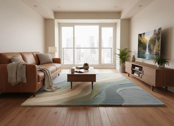 Translation missing: es.Modern living room styled with abstract area rug featuring calming wave design, minimalist furniture, and soft neutral color harmony