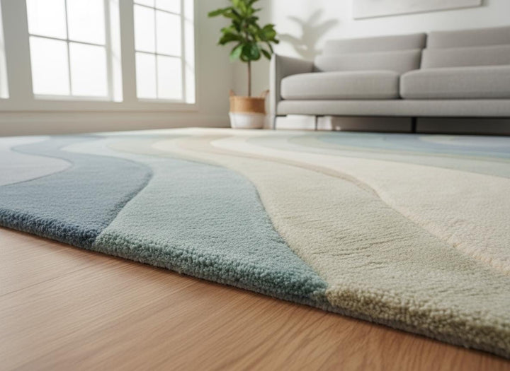 Translation missing: es.Modern abstract rug with blue-green wave pattern and soft plush texture for living room decor