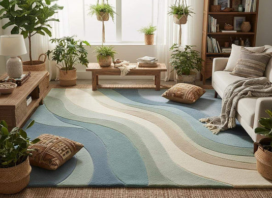 Translation missing: es.Detailed corner view of abstract area rug showing clean edges, sculpted wave pattern, and high-quality finishing