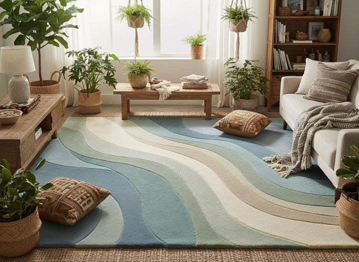 Translation missing: es.Detailed corner view of abstract area rug showing clean edges, sculpted wave pattern, and high-quality finishing