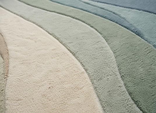 Translation missing: es.Close-up detail of plush abstract rug fibers showing soft texture, dense pile, and smooth craftsmanship in muted blue green and ivory tones