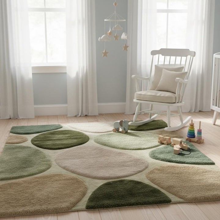 Translation missing: en.Soft plush area rug in a nursery setting with calming green and neutral colors, providing a cozy, gentle surface ideal for kids’ rooms and family spaces