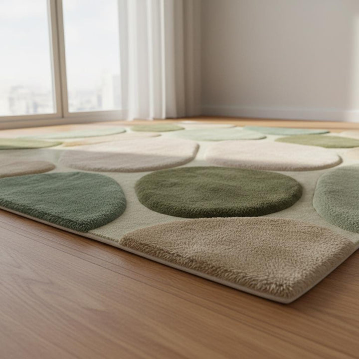 Translation missing: en.Detail view of rug edge and sculpted pattern showing clean finishing, dimensional texture, and soft green and cream tones for modern home décor