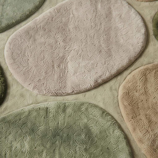 Translation missing: es.Close-up view of plush area rug texture showing thick, soft pile and sculpted pebble shapes in green and beige tones, highlighting quality craftsmanship and cozy feel