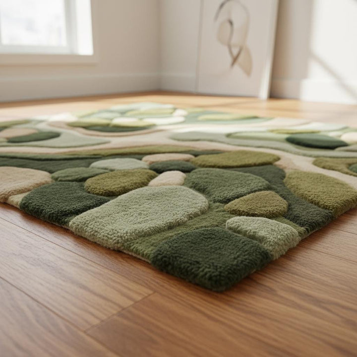 Translation missing: es.Hand tufted organic moss green rug with textured sculpted pile and abstract nature design