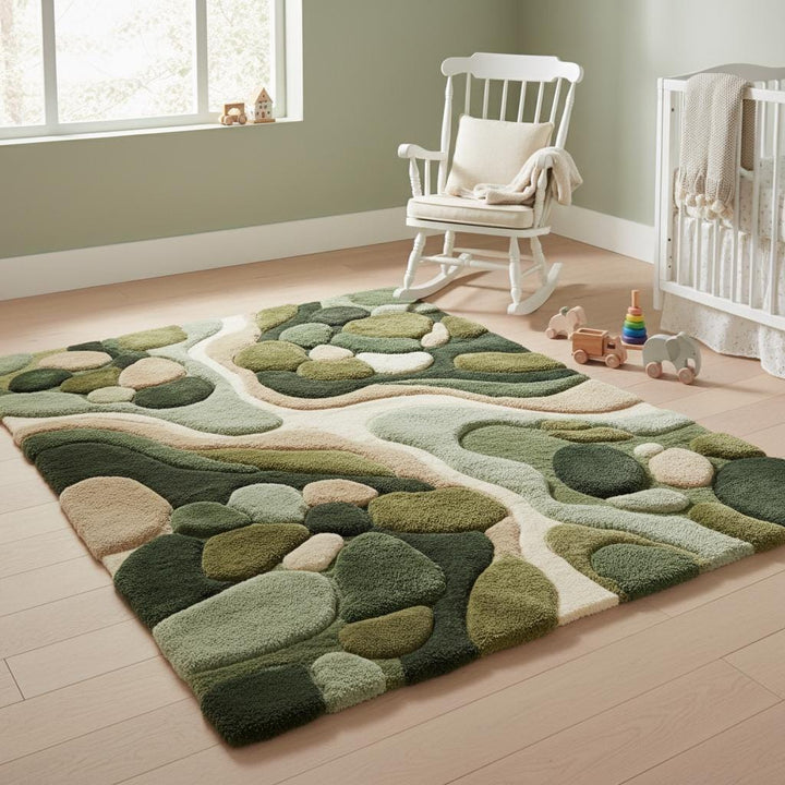 Translation missing: es.Soft green abstract area rug styled in a nursery, highlighting plush comfort, calming earth tones, and family-friendly texture ideal for cozy, modern children’s spaces