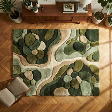 Translation missing: es.Hand tufted organic moss green rug with textured sculpted pile and modern abstract nature design