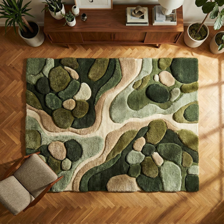 Translation missing: es.Hand tufted organic moss green rug with textured sculpted pile and modern abstract nature design