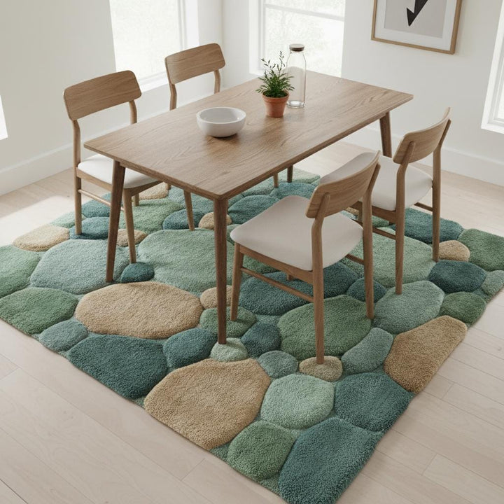 Translation missing: es.Detail view of rug edge and pebble pattern showing rounded stone shapes, tufted construction, and clean finishing to help visualize proportions and design details