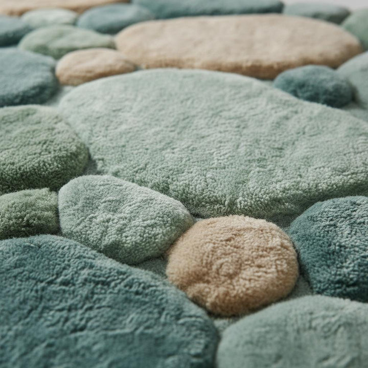 Translation missing: es.Close-up of tufted pebble area rug texture showing plush fibers, raised pile craftsmanship, and soft green and beige tones highlighting quality and comfort