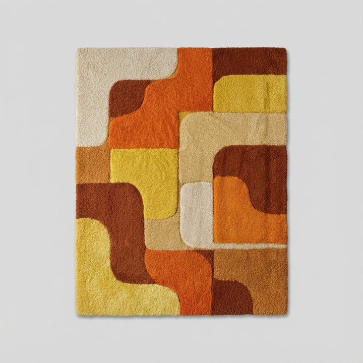 Translation missing: es.Handmade tufted rug with retro geometric design in warm sunset tones, made from premium wool yarn