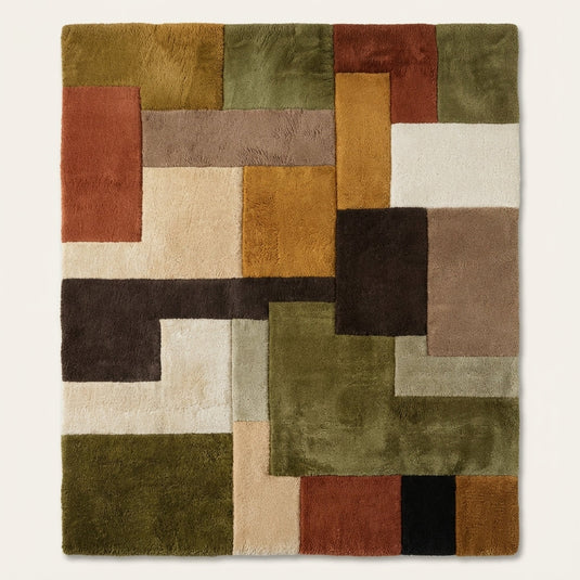 Translation missing: es.Handmade Retro Geometric Rug with colorful patchwork design in earthy tones, soft wool tufted shag carpet for mid century modern decor