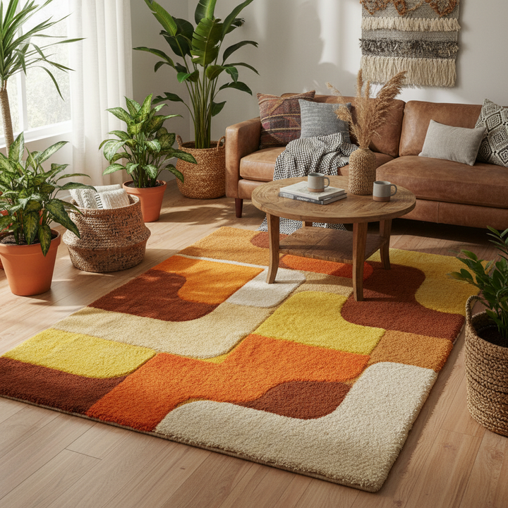 Translation missing: es.Handmade tufted rug with retro geometric design in warm sunset tones, mid-century wool area rug