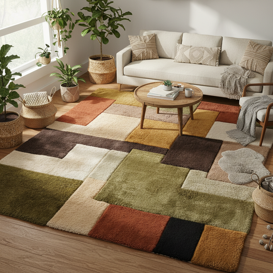Translation missing: es.Handmade retro geometric rug in earthy tones with colorful patchwork, cozy shag wool tufted carpet for mid century modern decor