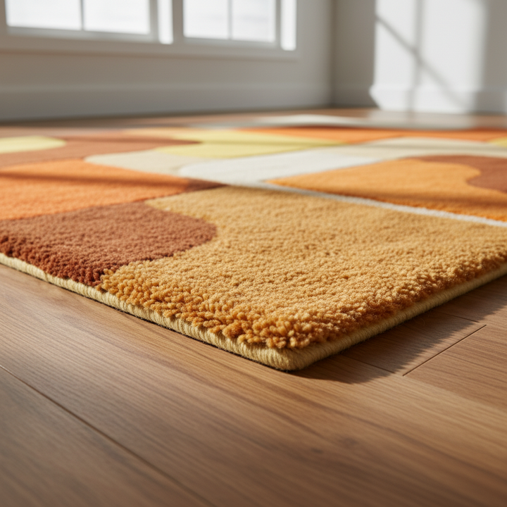 Translation missing: es.Handmade tufted rug with retro geometric design in warm sunset tones, mid century modern wool area rug