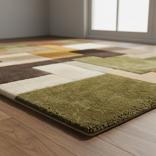 Translation missing: es.Handmade Retro Geometric Rug with colorful patchwork and wool shag texture for mid century modern decor