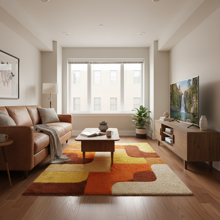 Translation missing: es.Handmade tufted rug with retro geometric design in warm vintage sunset tones made from durable wool
