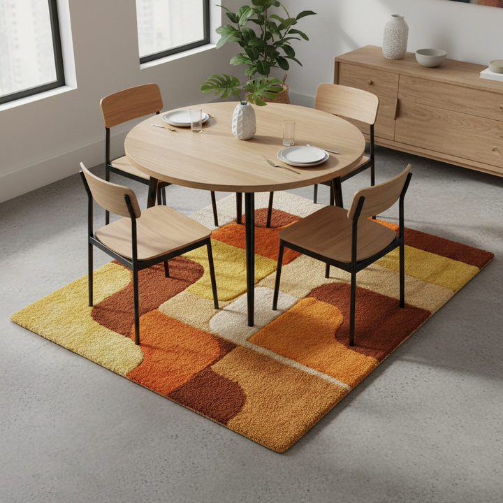Translation missing: es.Handmade tufted rug with retro geometric design in warm sunset tones, mid-century vintage wool area rug