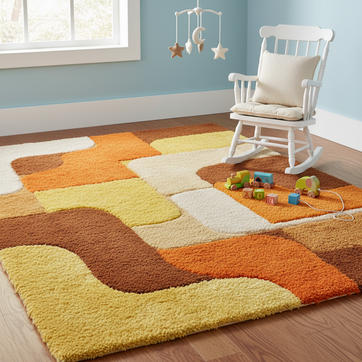Translation missing: es.Handmade tufted wool rug with retro geometric design in warm sunset tones for mid century vintage decor
