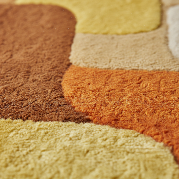 Translation missing: es.Handmade tufted wool rug with retro geometric design in warm sunset tones for vintage mid century decor