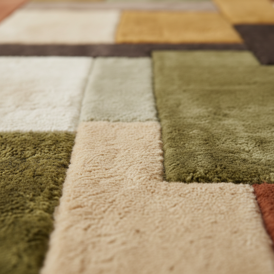 Translation missing: es.Handmade Retro Geometric Rug with colorful patchwork design in earthy tones, soft wool shag carpet for mid century modern decor