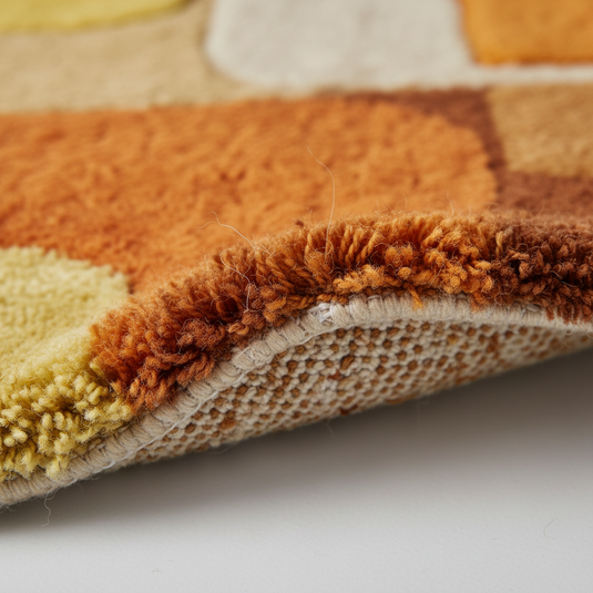 Translation missing: es.Handmade tufted rug with retro geometric design in warm sunset tones, mid century vintage wool area rug