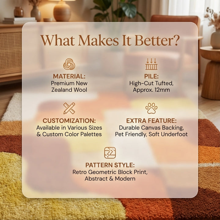 Translation missing: es.Handmade tufted rug with retro geometric design in warm sunset tones, mid century wool area rug